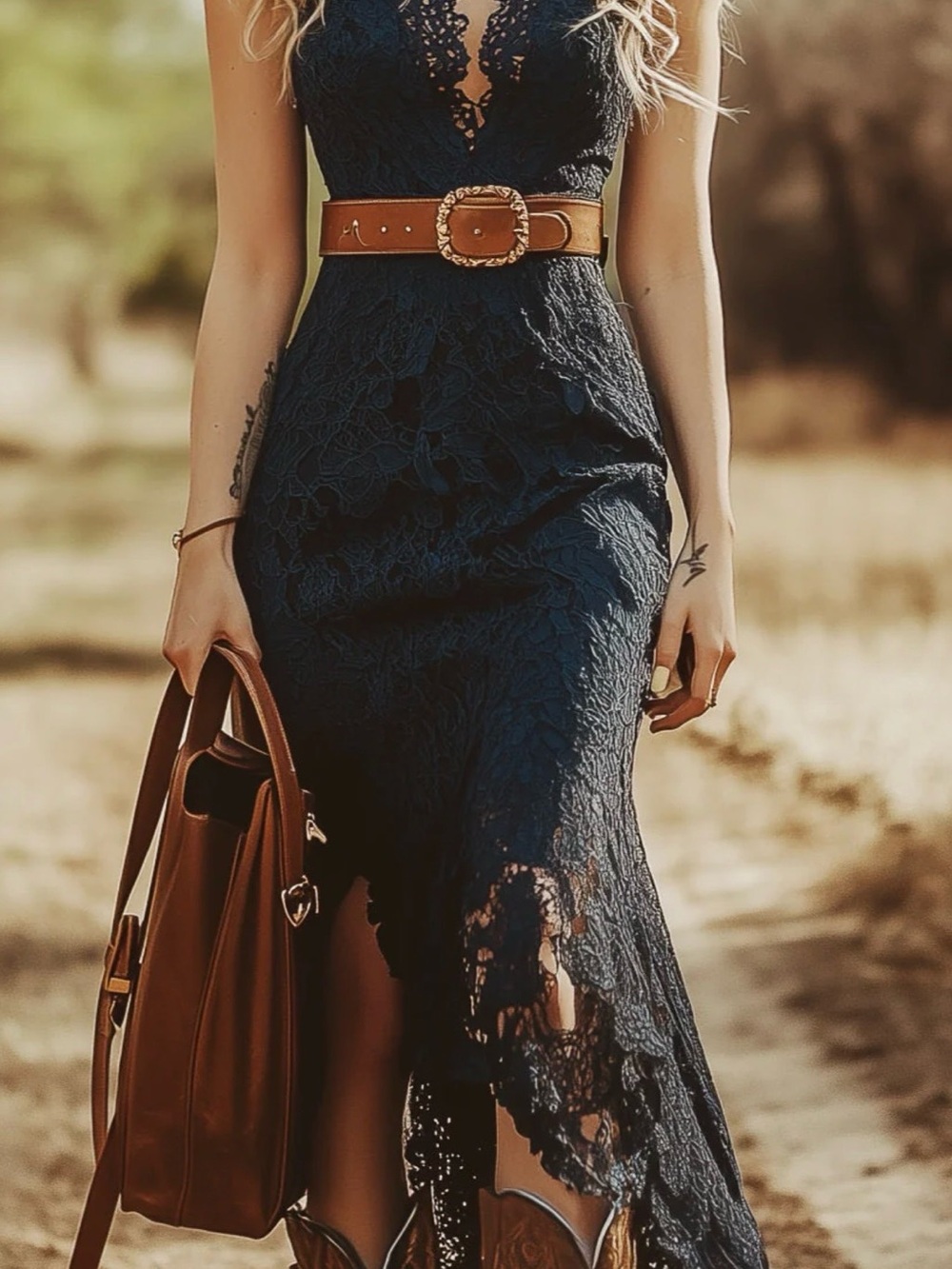 Lace Midi Dress in Navy with Scalloped Hem and plunging neckline.  Lined.